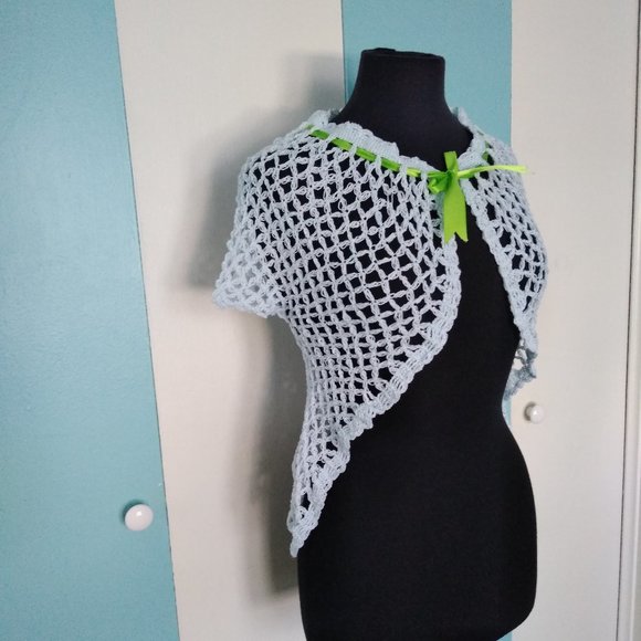 Handmade Crochet Baby Blue Vest w/ Green Ribbon - Picture 3 of 8